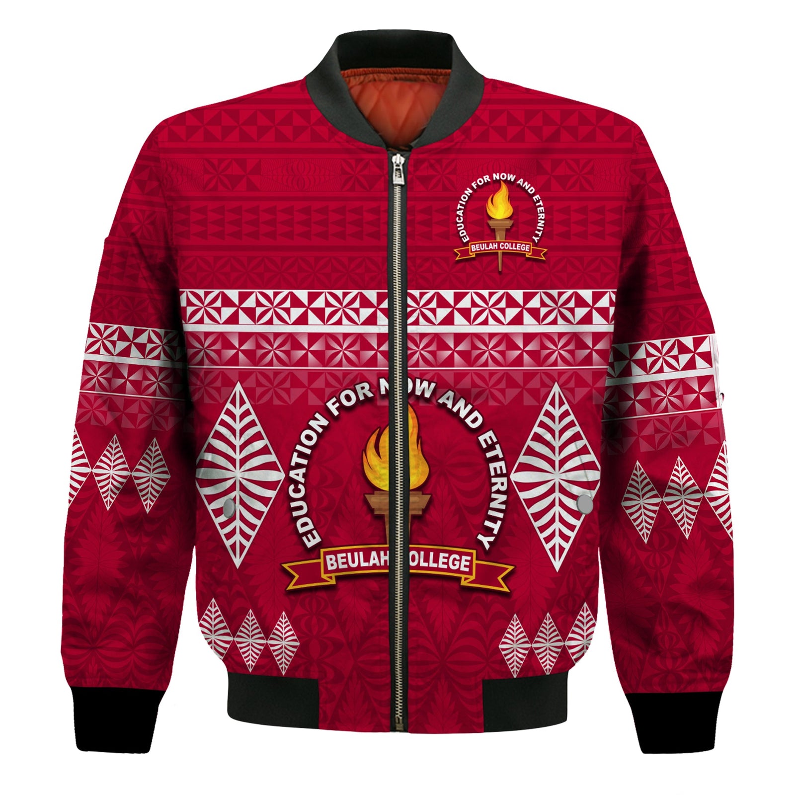Beulah College Bomber Jacket Ngatu Pattern Tonga LT13 Unisex Maroon - Polynesian Pride