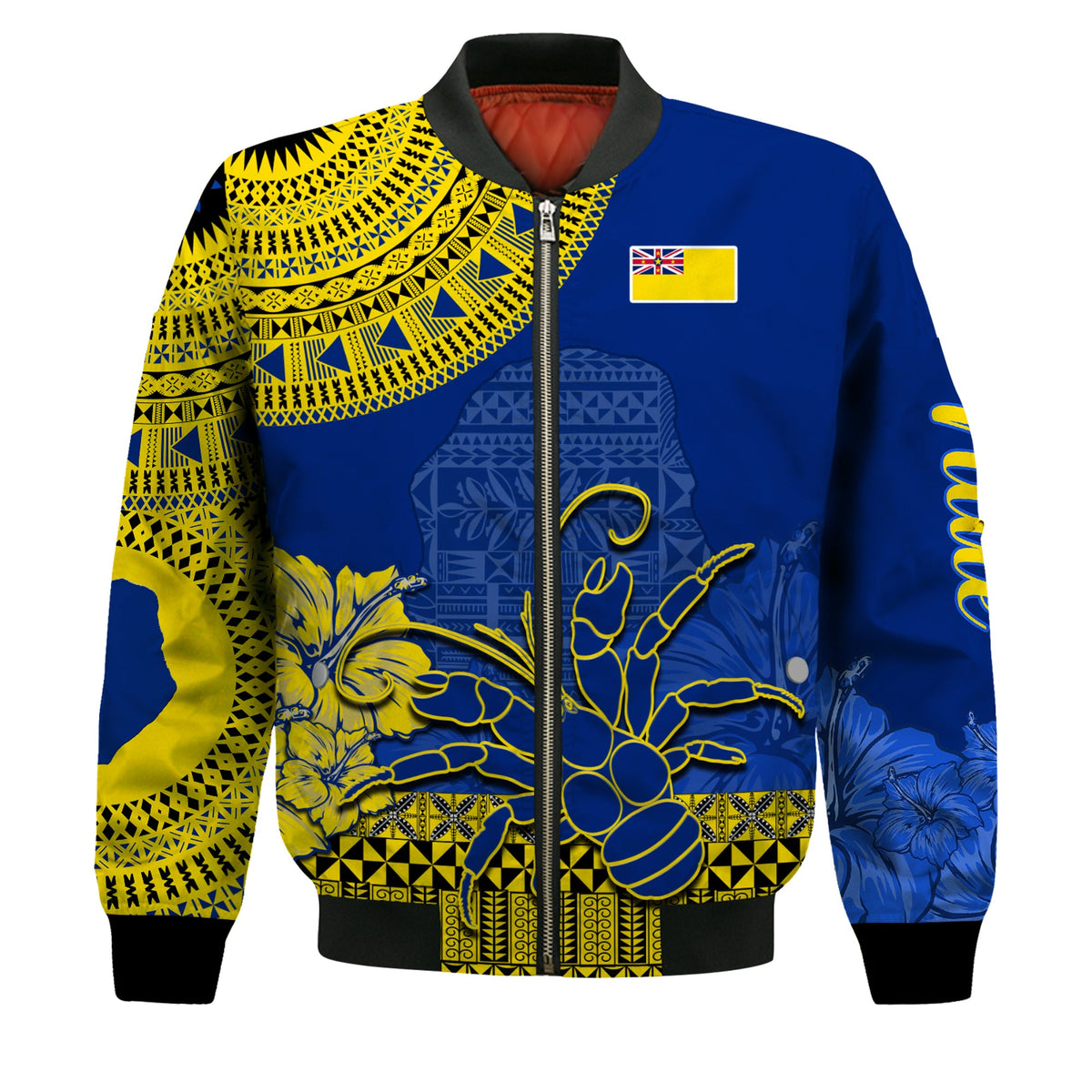 Niue Hiapo Bomber Jacket Rock of Polynesia Tapa Niuean Crab Happy Day LT13 Unisex Blue - Polynesian Pride
