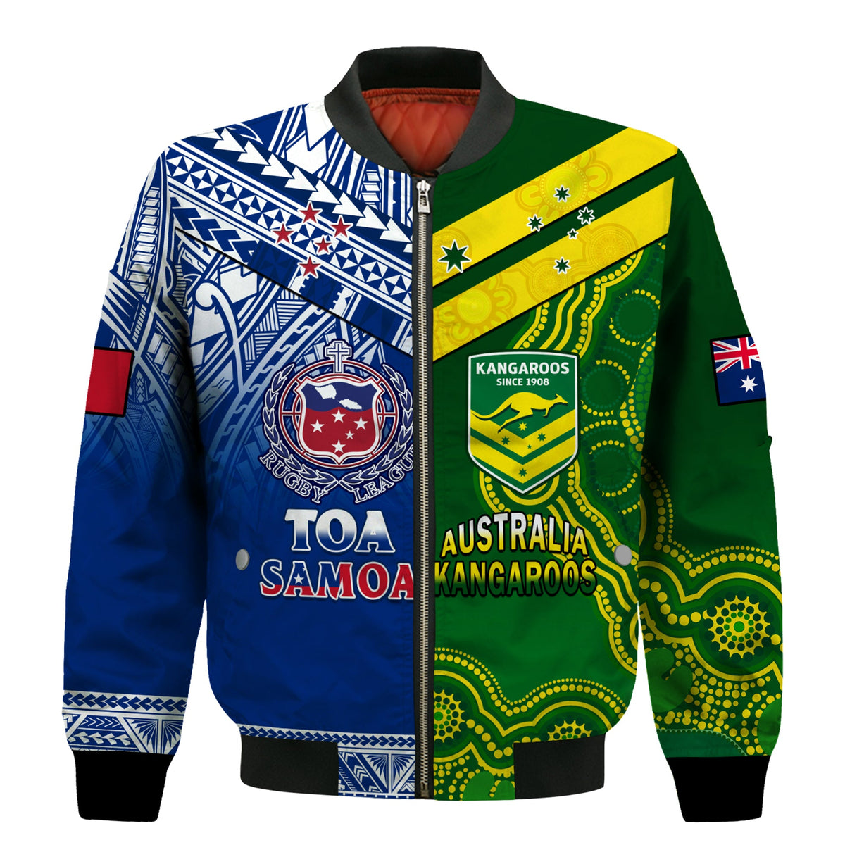 (Custom Personalised) Samoa Rugby and Australia Rugby Bomber Jacket Toa Samoa Mix Kangaroos Pacific LT14 - Polynesian Pride