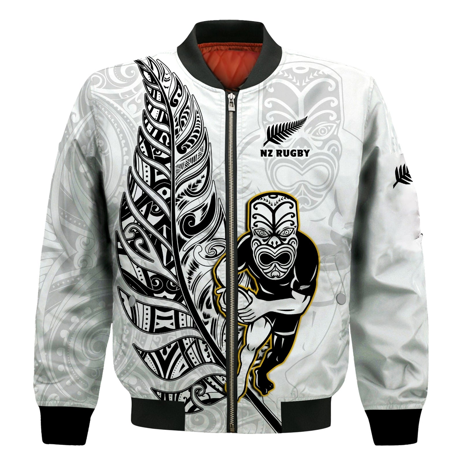 New Zealand Silver Fern Rugby Bomber Jacket All Black Maori Version White LT14 Unisex White - Polynesian Pride
