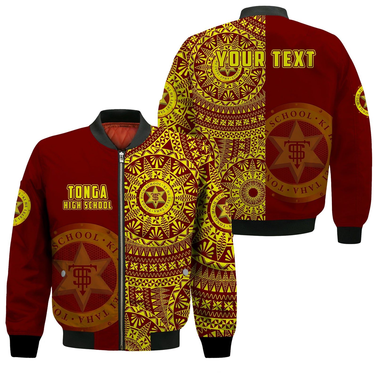 (Custom Personalised) Tonga High School Bomber Jacket Tongan Ngatu Pattern LT14 Unisex Red - Polynesian Pride