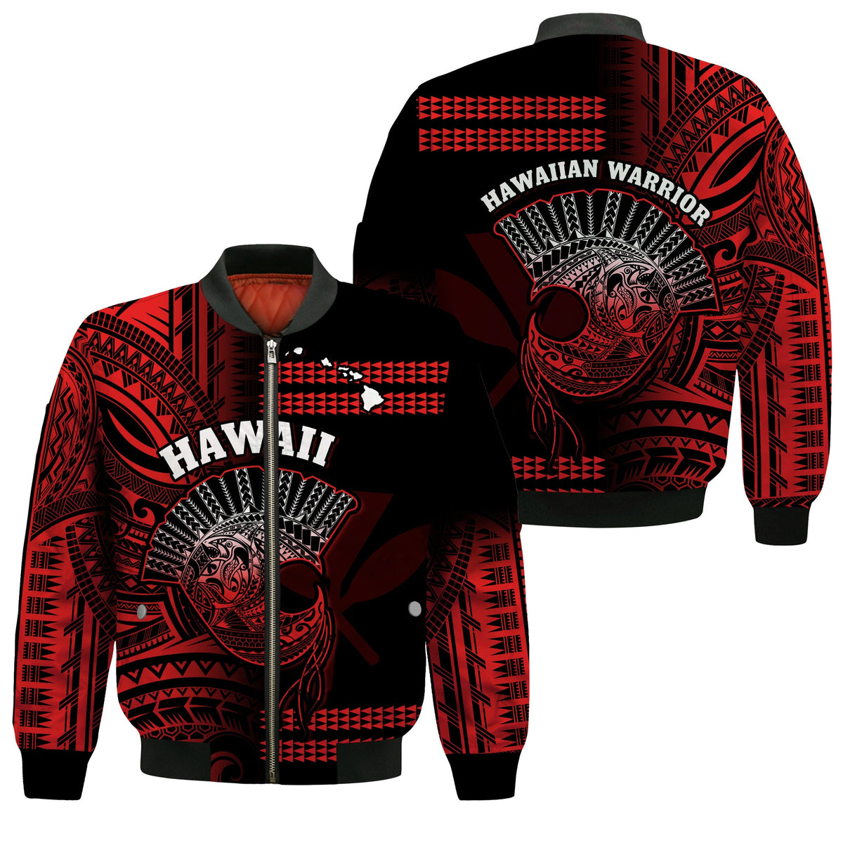 Hawaii Bomber Jacket Kakau Warrior Helmet Gradient Red Polynesian LT14 Unisex Red - Polynesian Pride