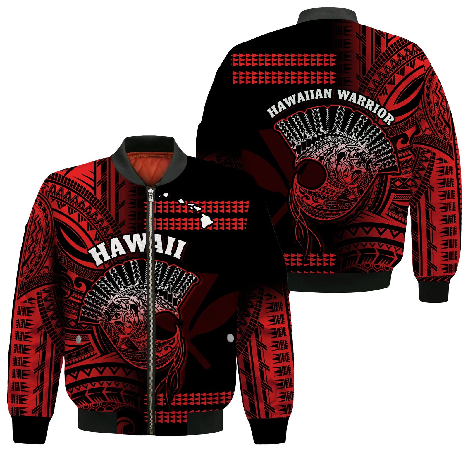 Hawaii Bomber Jacket Kakau Warrior Helmet Gradient Red Polynesian LT14 Unisex Red - Polynesian Pride