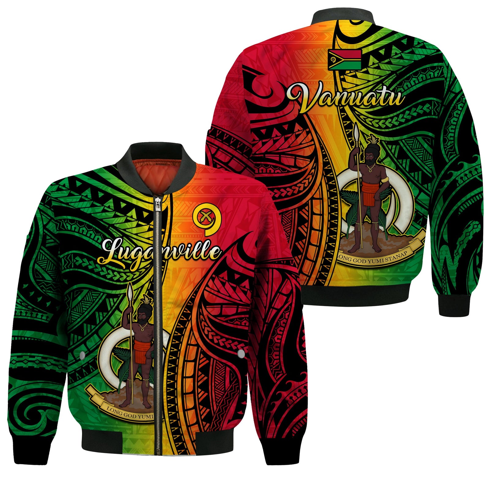 Vanuatu Bomber Jacket Luganville Polynesian Reggae Coat Of Arms LT14 Unisex Reggae - Polynesian Pride