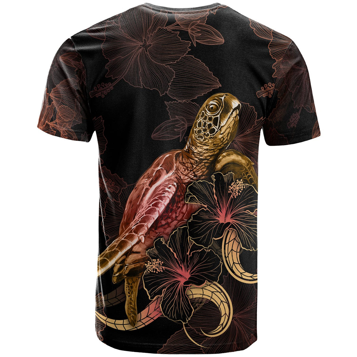 Hawaii Polynesian T Shirt Turtle With Blooming Hibiscus Gold - Polynesian Pride