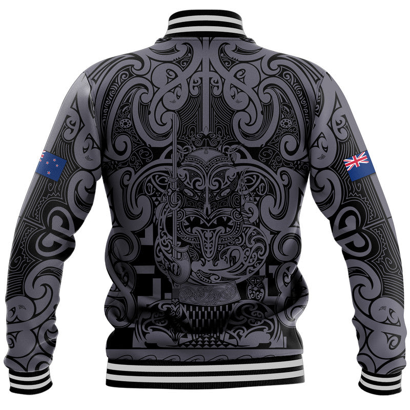 New Zealand Taiaha Maori Baseball Jacket Minimalist Silver Fern All Black LT9 - Polynesian Pride