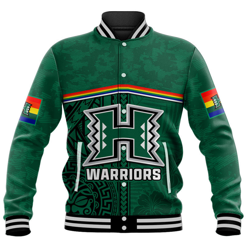 Hawaii Warriors Football Baseball Jacket Polynesian Palm and Hibiscus LT9 Unisex Green - Polynesian Pride