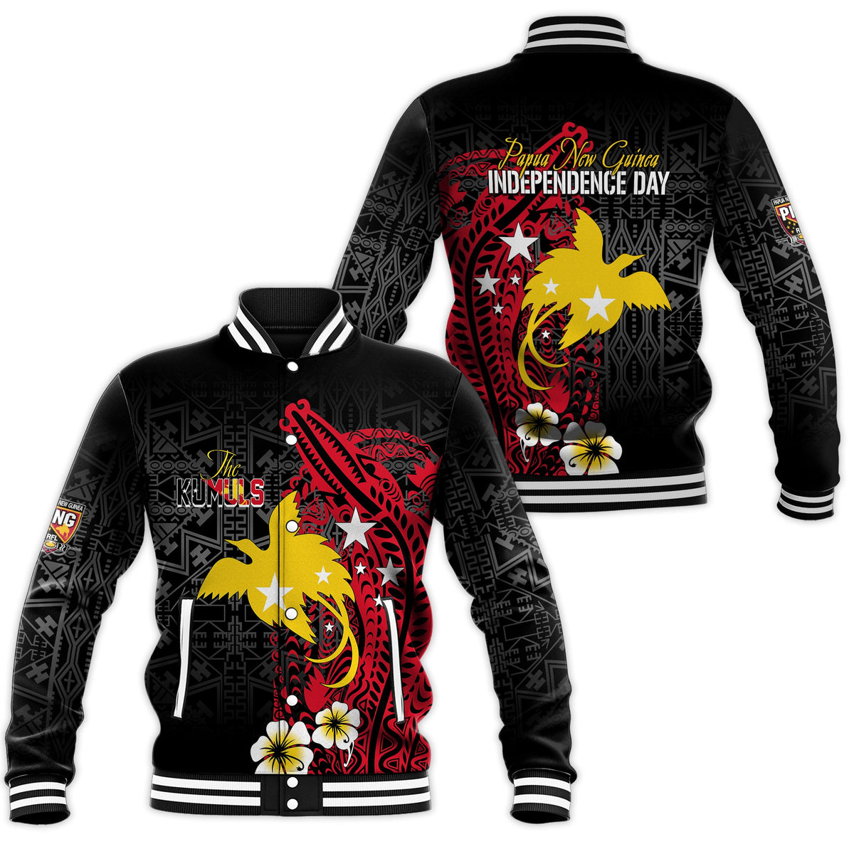 Papua New Guinea Independence Baseball Jacket PNG Kumuls - Tribal Crocodile LT7 Unisex Black - Polynesian Pride