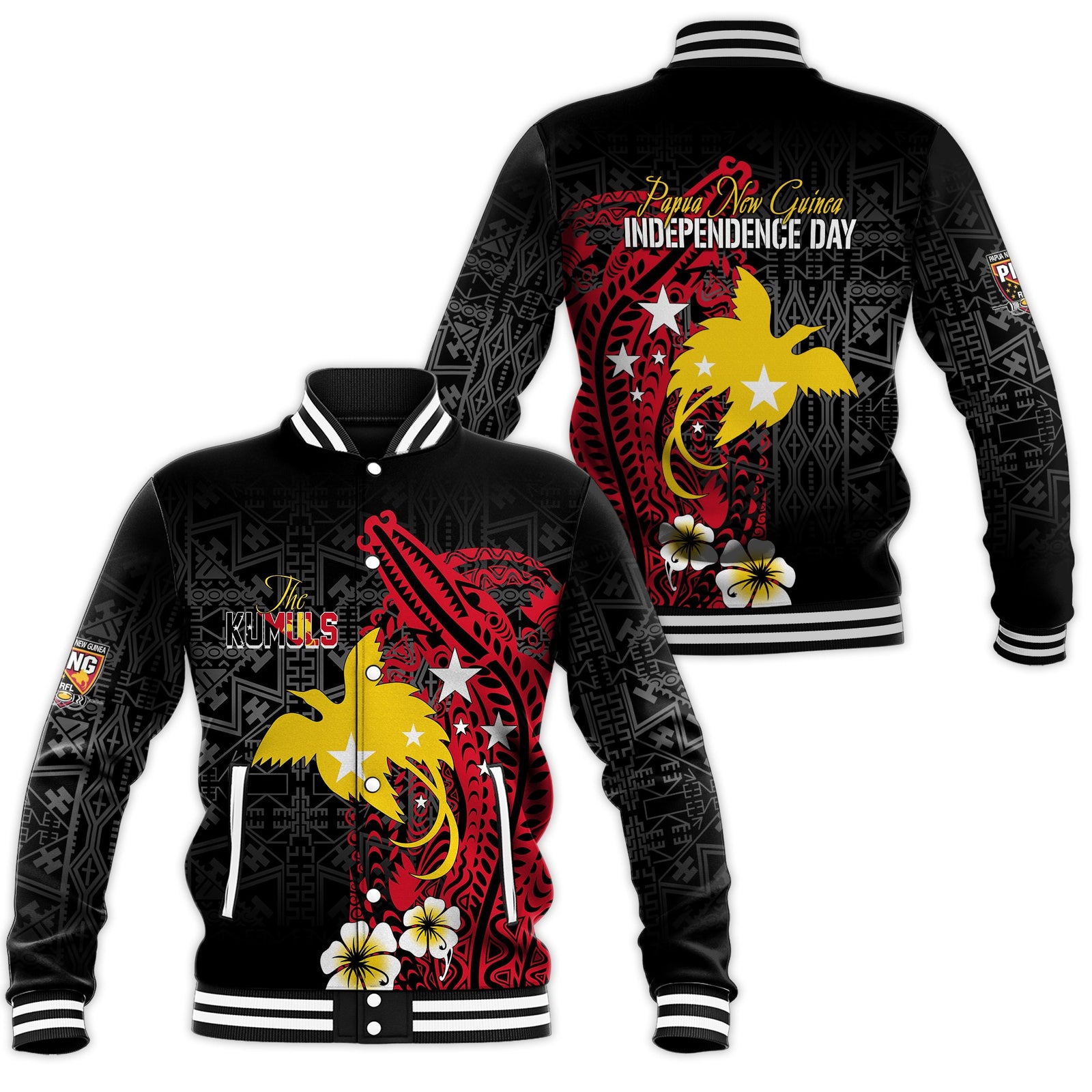 Papua New Guinea Independence Baseball Jacket PNG Kumuls - Tribal Crocodile LT7 Unisex Black - Polynesian Pride
