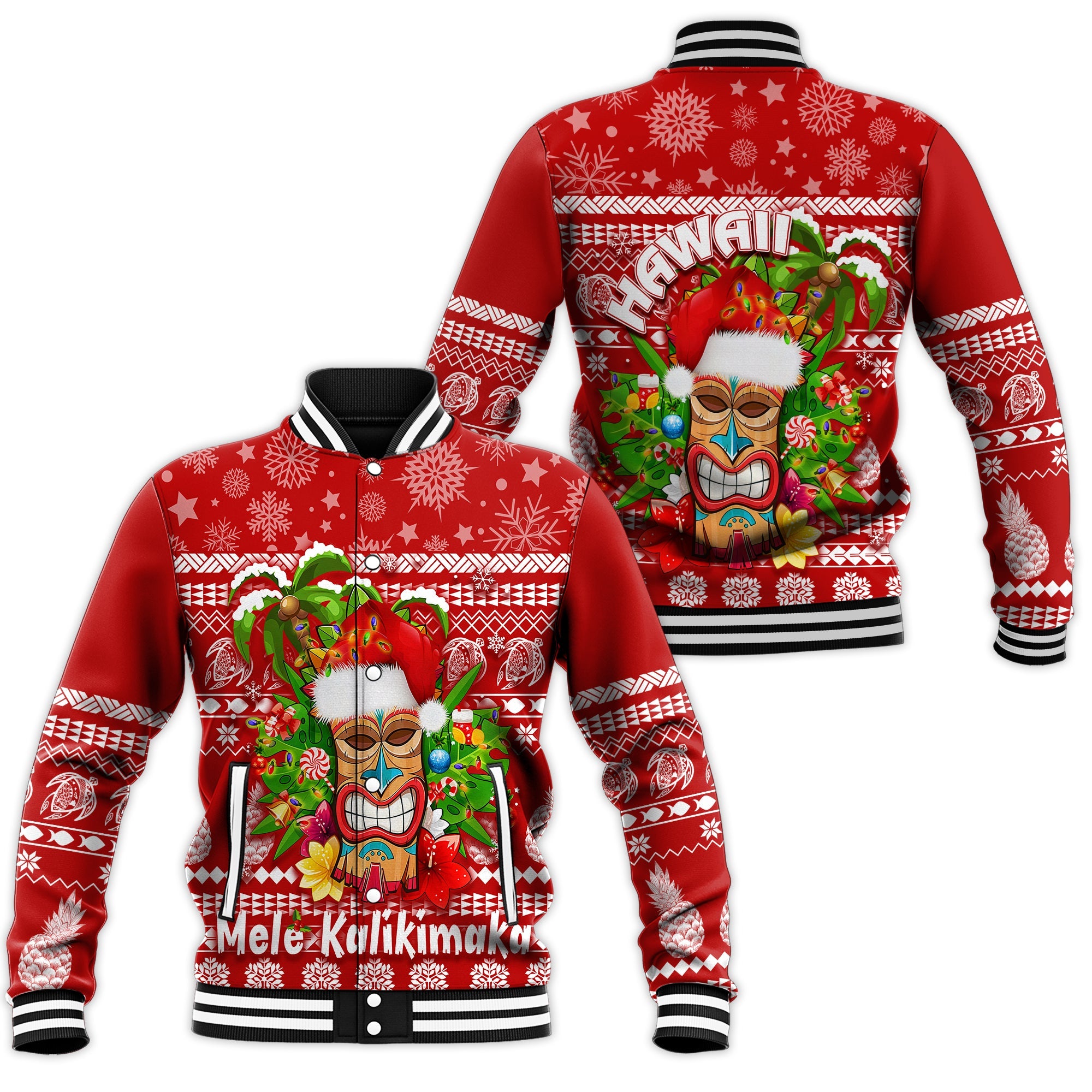 Hawaii Christmas Baseball Jacket Mele Kalikimaka - Tiki LT7 Unisex Red - Polynesian Pride