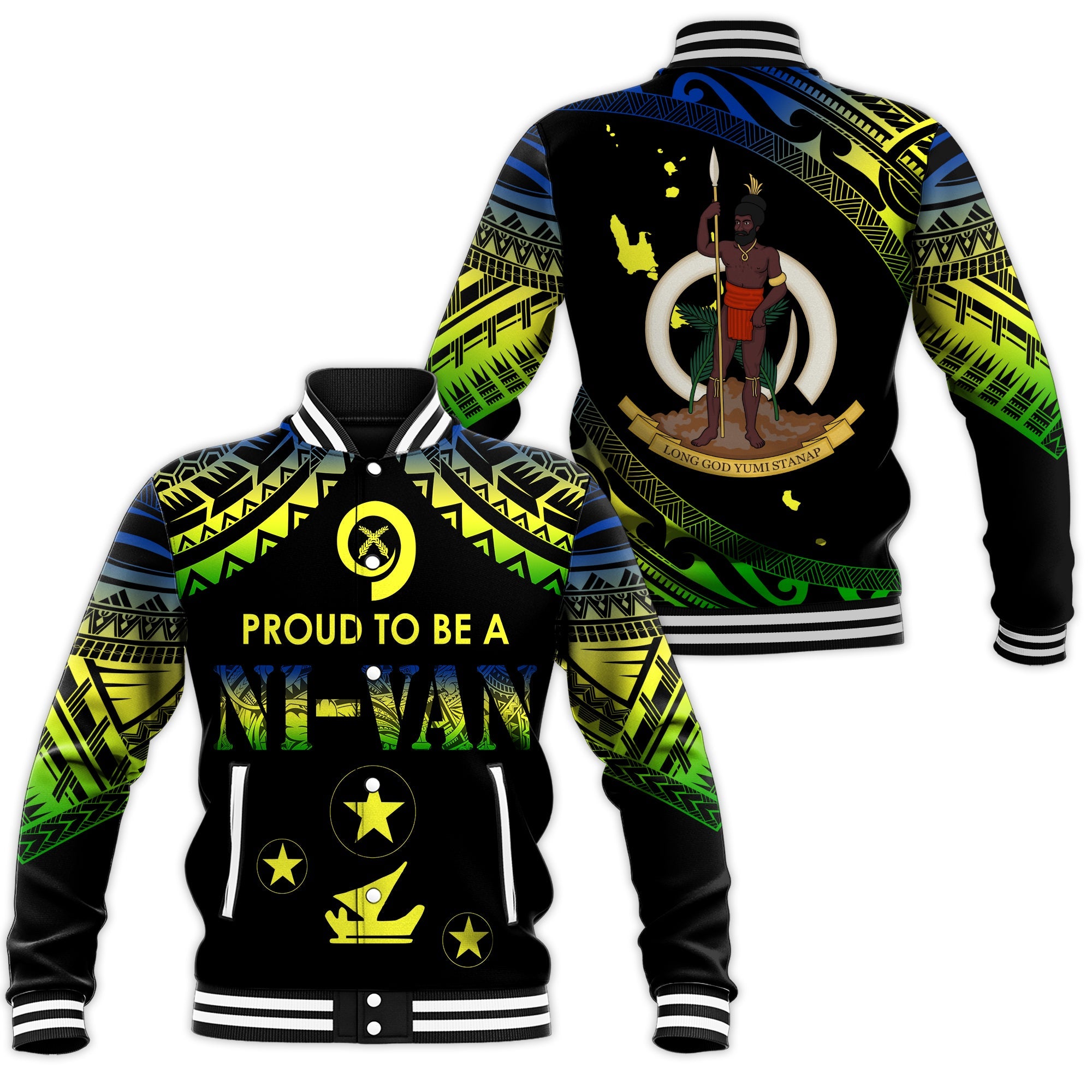 Vanuatu Proud To Be A Ni-Van - Polynesian Pattern Baseball Jacket - Malampa Province LT7 Unisex Black - Polynesian Pride