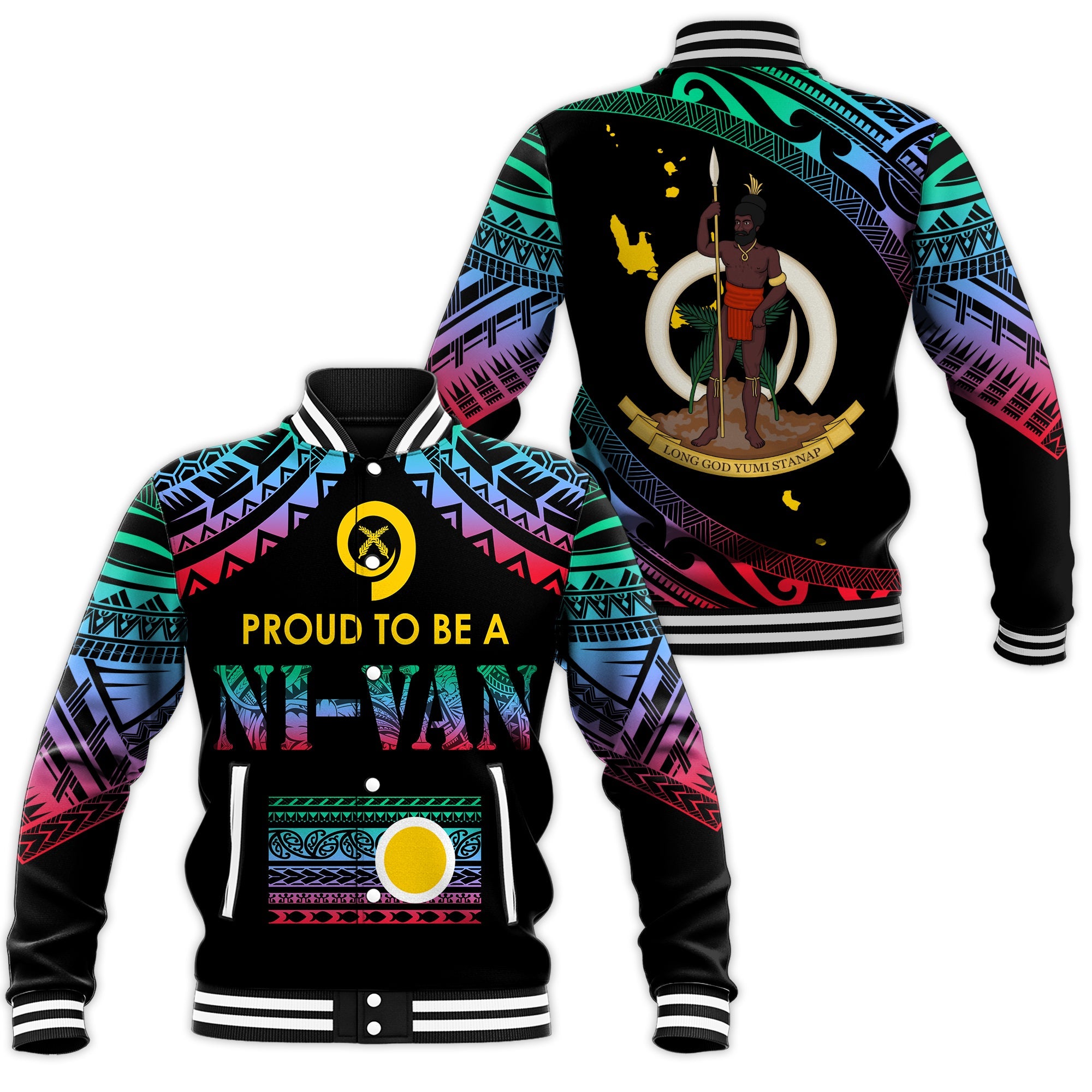 Vanuatu Proud To Be A Ni-Van - Polynesian Pattern Baseball Jacket - Shefa Province LT7 Unisex Black - Polynesian Pride