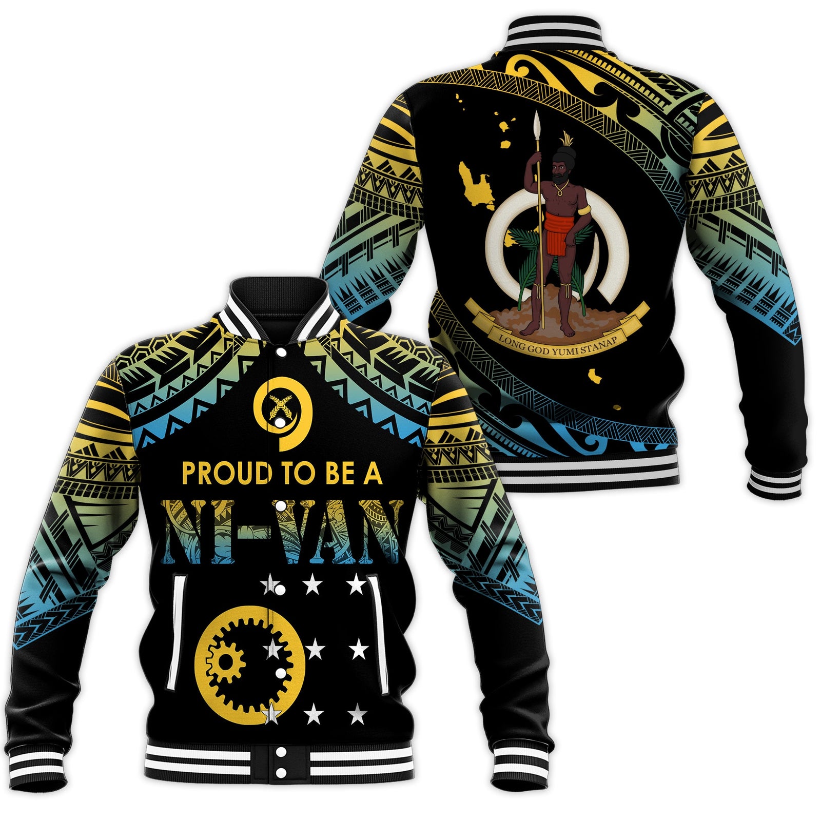 Vanuatu Proud To Be A Ni-Van - Polynesian Pattern Baseball Jacket - Sanma Province LT7 Unisex Black - Polynesian Pride