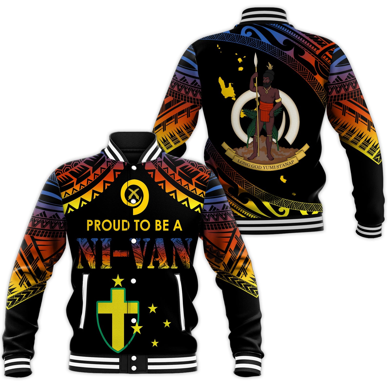 Vanuatu Proud To Be A Ni-Van - Polynesian Pattern Baseball Jacket - Tafea Province LT7 Unisex Black - Polynesian Pride