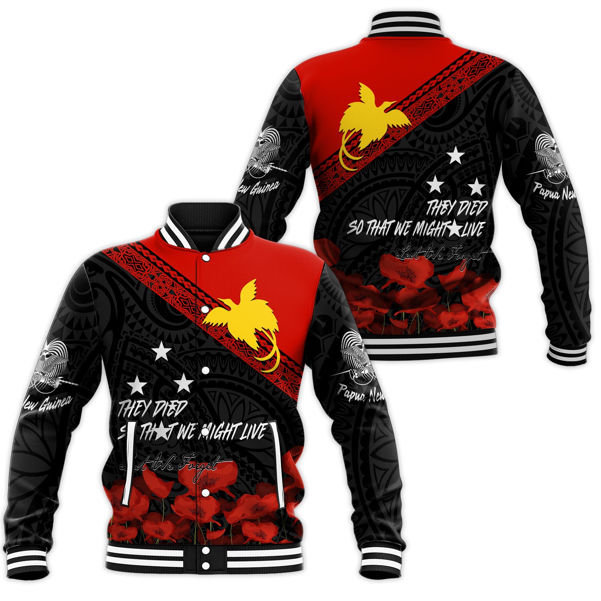 Papua New Guinea Baseball Jacket PNG Remembrance Day LT7 Unisex Black - Polynesian Pride
