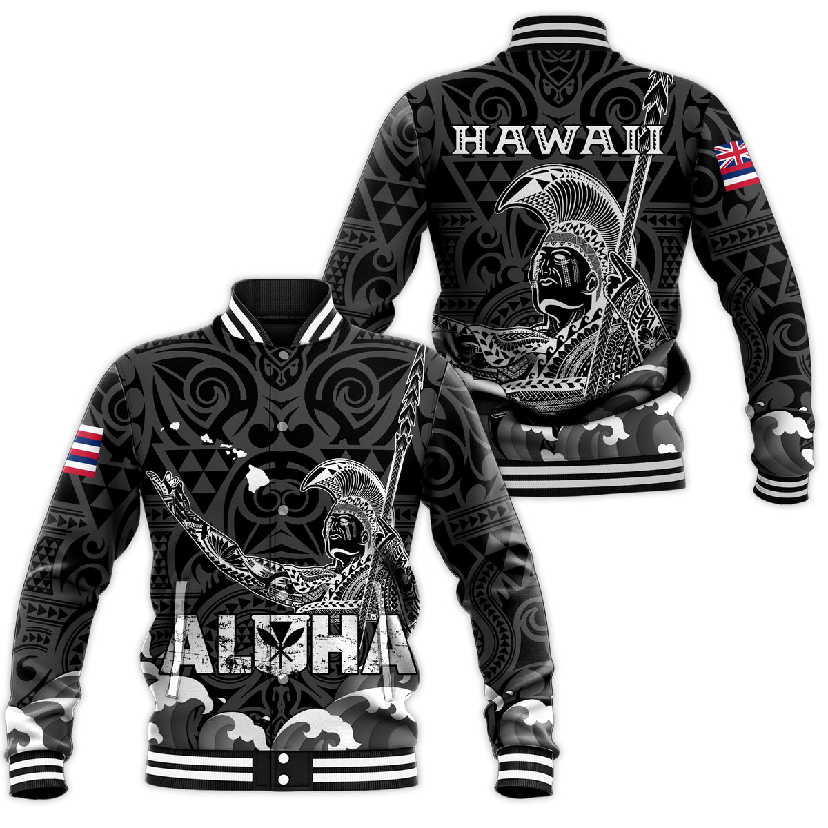 Hawaii King Kamehameha Aloha Hawai'i Nei Baseball Jacket - LT2 Unisex BLACK - Polynesian Pride