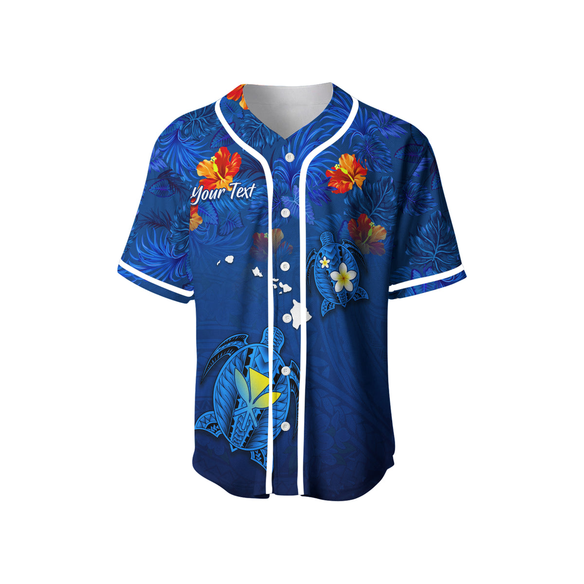 (Custom Personalised) Hawaiian Islands Baseball Jersey - Hawaii Tropical Flowers and Turtles Blue LT13 - Polynesian Pride