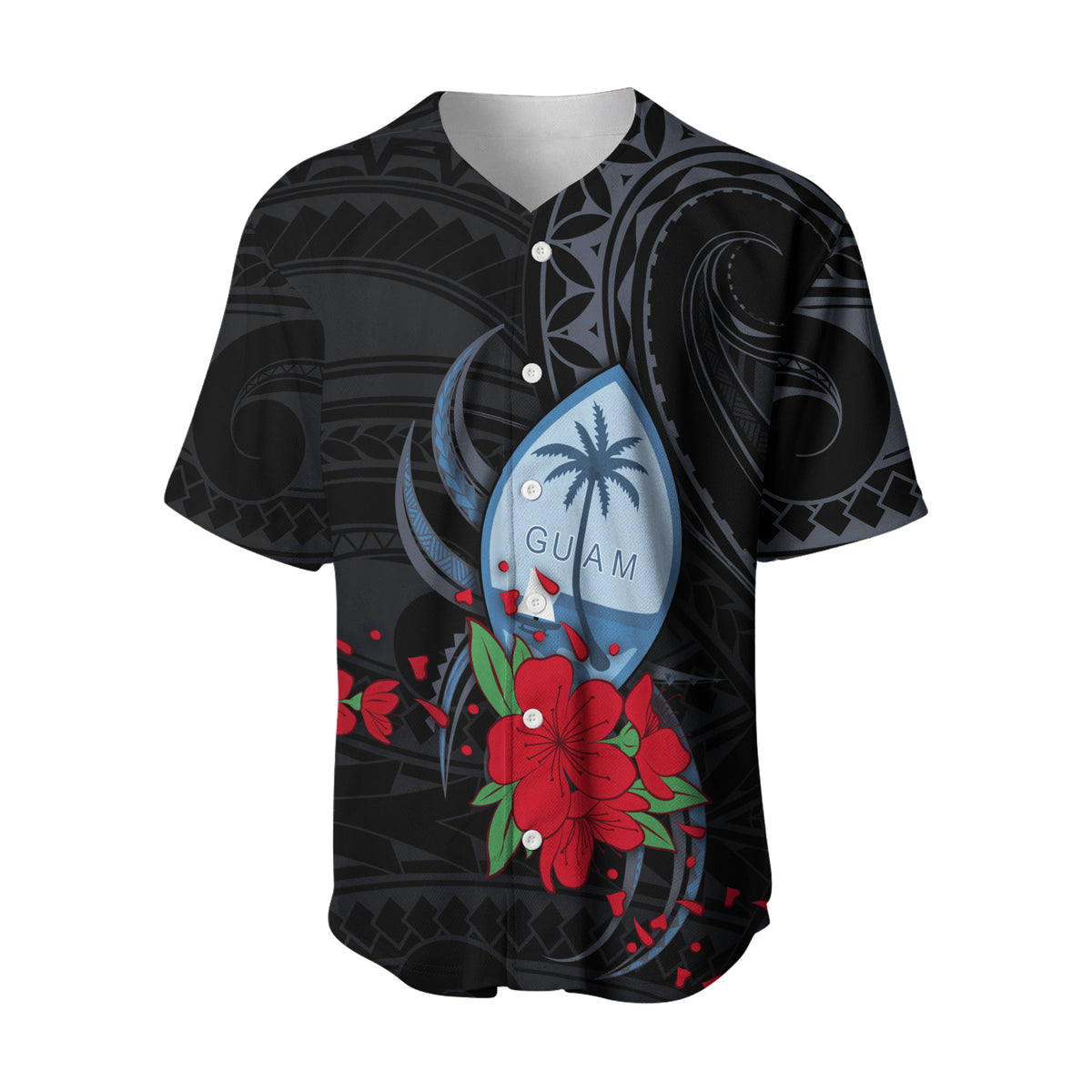 (Custom Personalised) Guam Baseball Jersey Polynesian Flowers Version Black LT13 - Polynesian Pride
