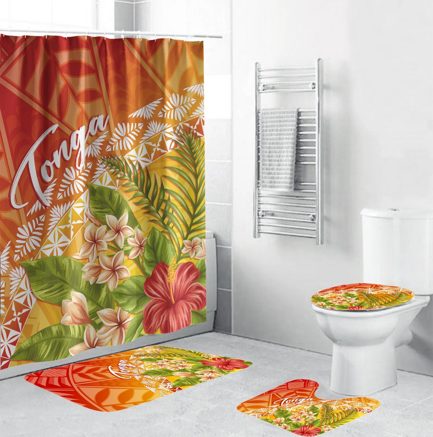 Tonga Tapa Bathroom Set Tropical Flowers Ombre Vibes LT7 Art - Polynesian Pride