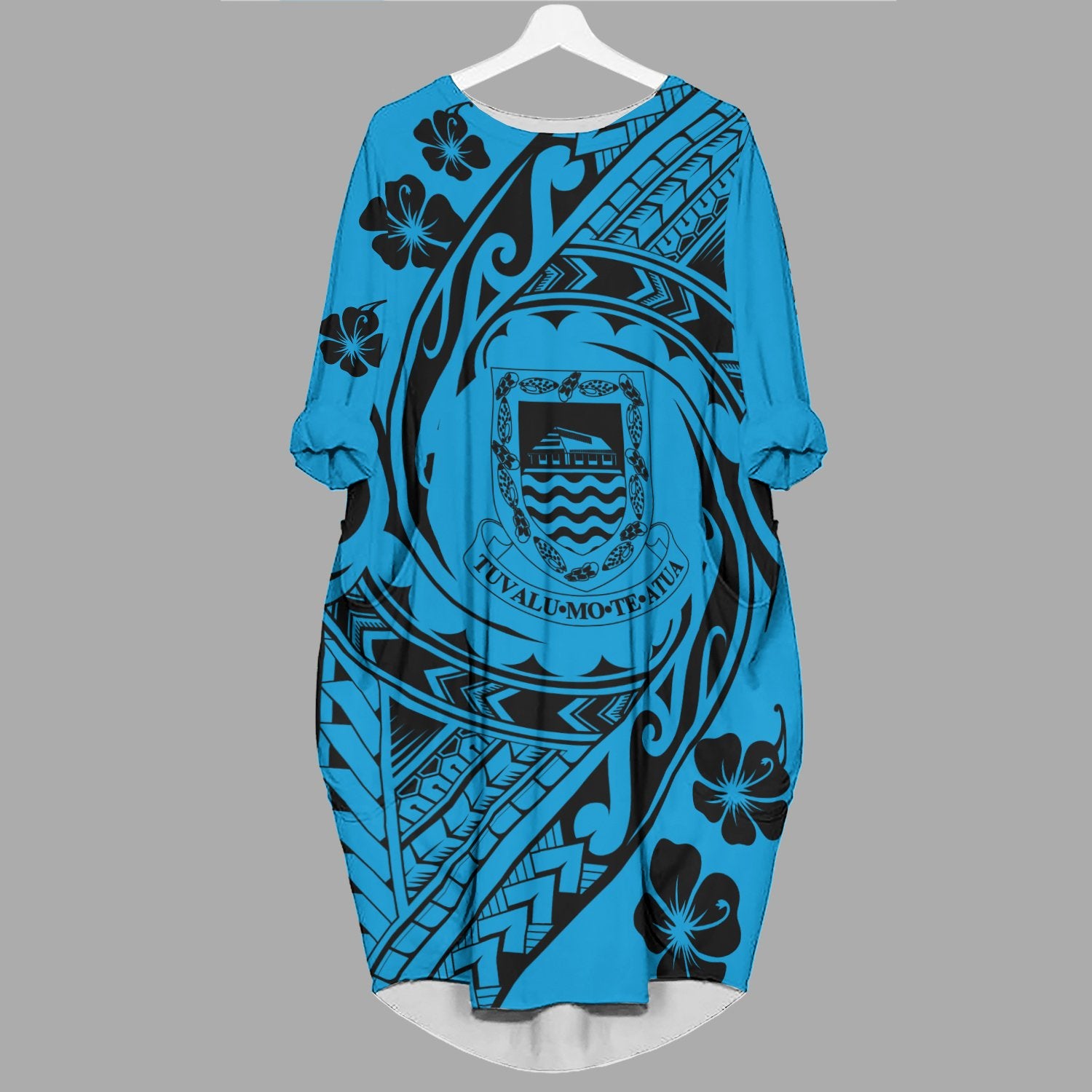 Tuvalu Batwing Pocket Dress - Tribal Tattoo Sleeve Women Blue - Polynesian Pride