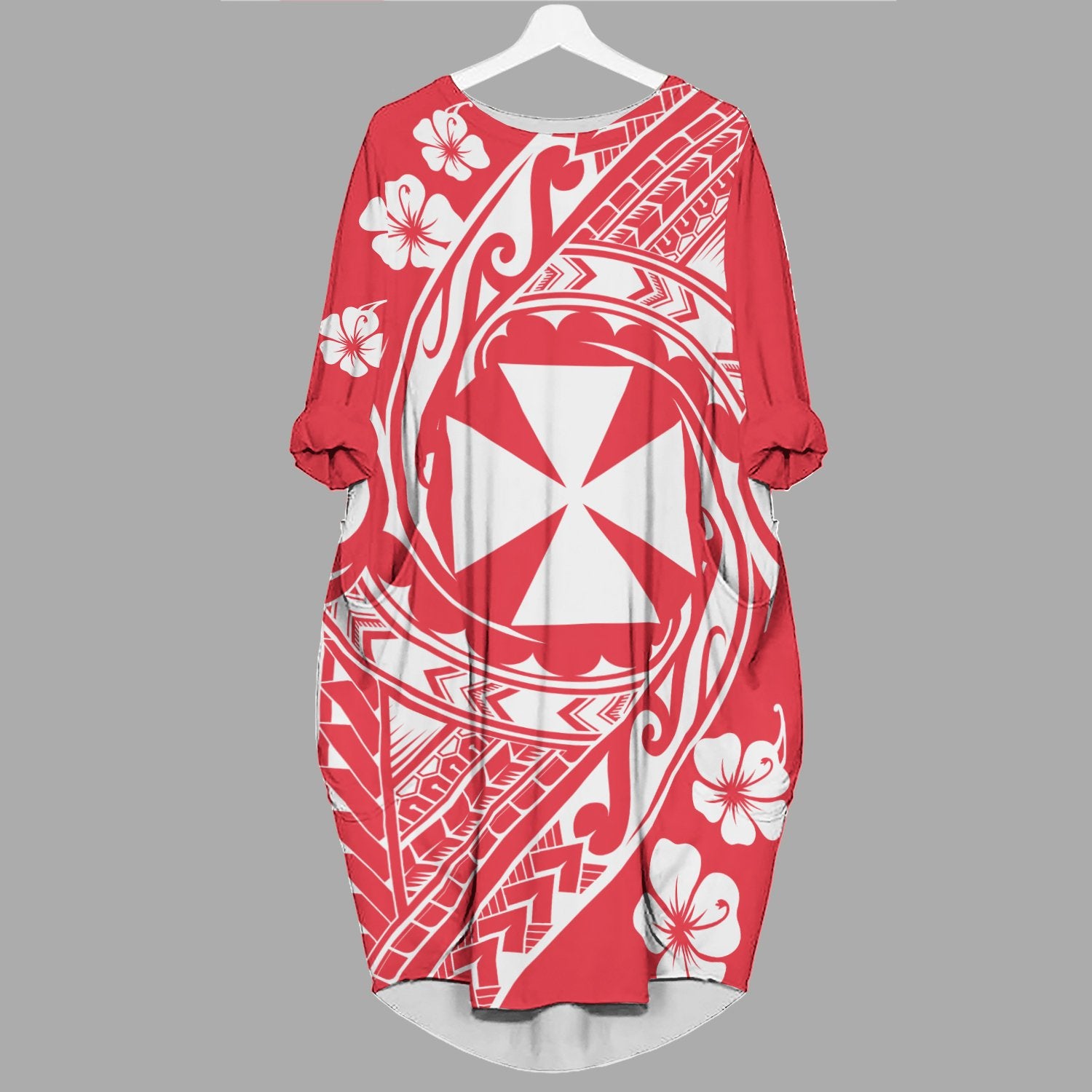 Wallis And Futuna Batwing Pocket Dress - Tribal Tattoo Sleeve Women Red - Polynesian Pride