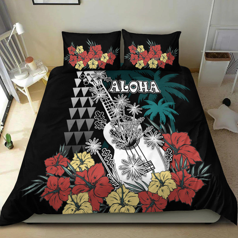 Hawaii Ukulele Mix Hibiscus and Coconut Tree Bedding Set Aloha Vintage Black Version LT9 Black - Polynesian Pride