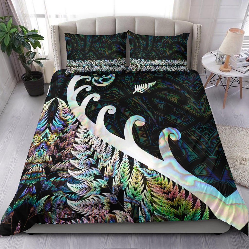 New Zealand Rugby Maori Bedding Set Silver Fern Koru Vibes - Paua Shell LT8 Green - Polynesian Pride