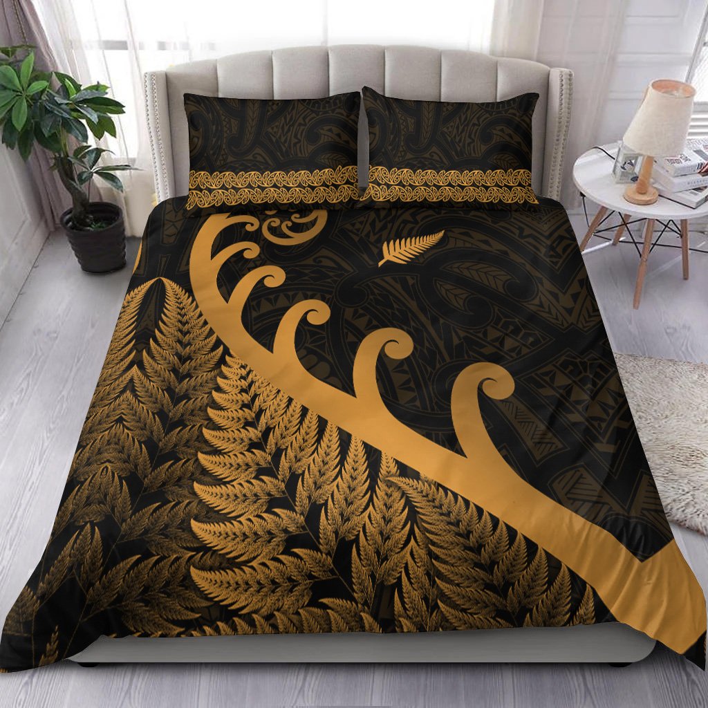 New Zealand Rugby Maori Bedding Set Silver Fern Koru Vibes - Gold LT8 Gold - Polynesian Pride