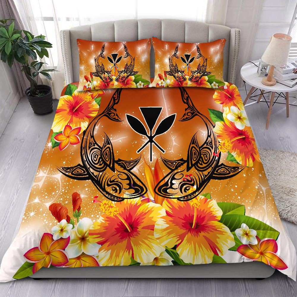 Hawaii Shark Hibiscus Plumeria Kanaka Bedding Set - Star Style - AH Bedding Set Orange - Polynesian Pride