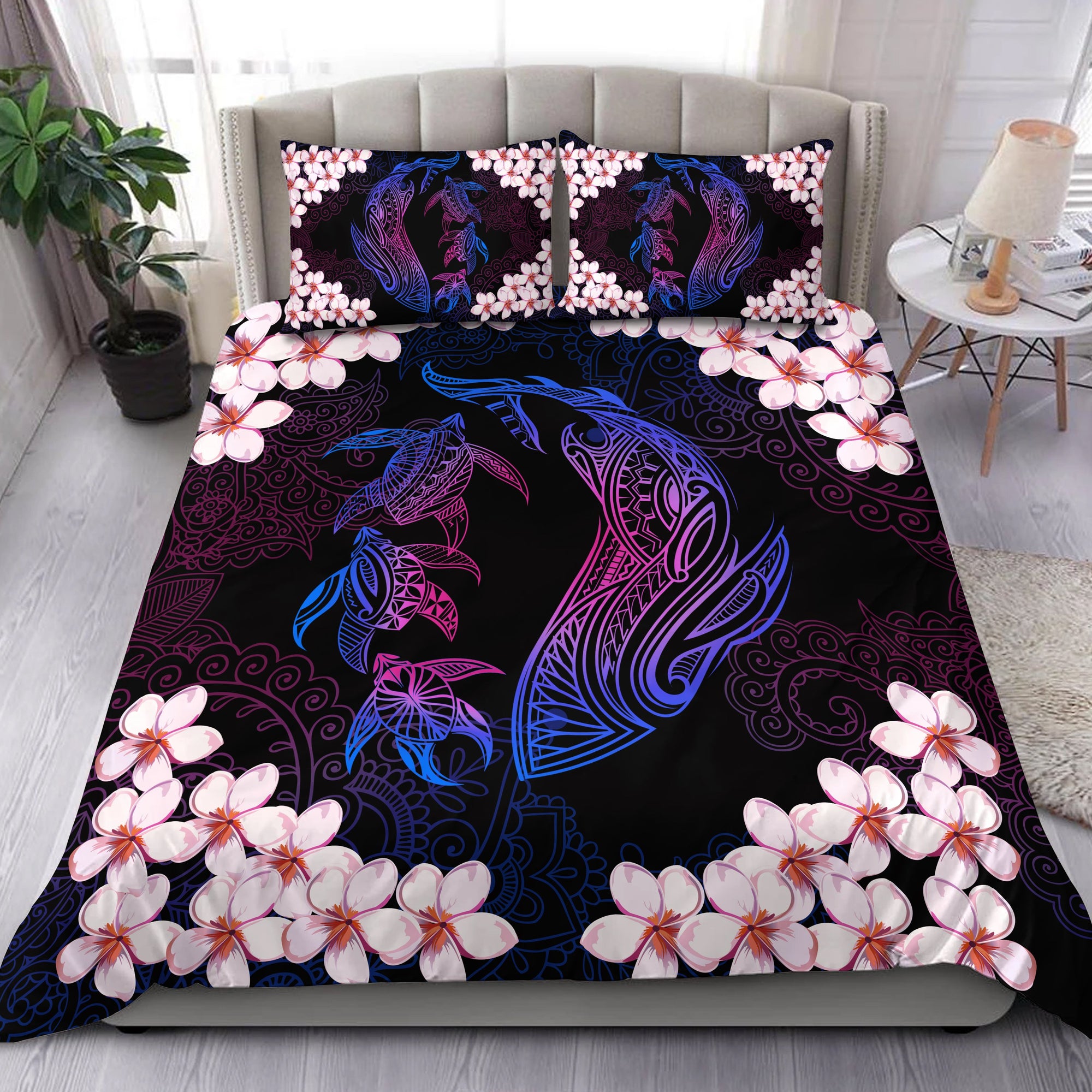 Hawaiian Shark Turtle Plumeria Bedding Set - Blue Pink - Zelda Style - AH Black - Polynesian Pride