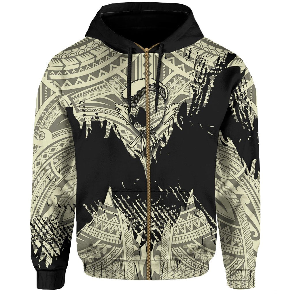 Hawaii Polynesian Hoodie Zip Warrior Ikaika Benjamin Style Beige - Polynesian Pride