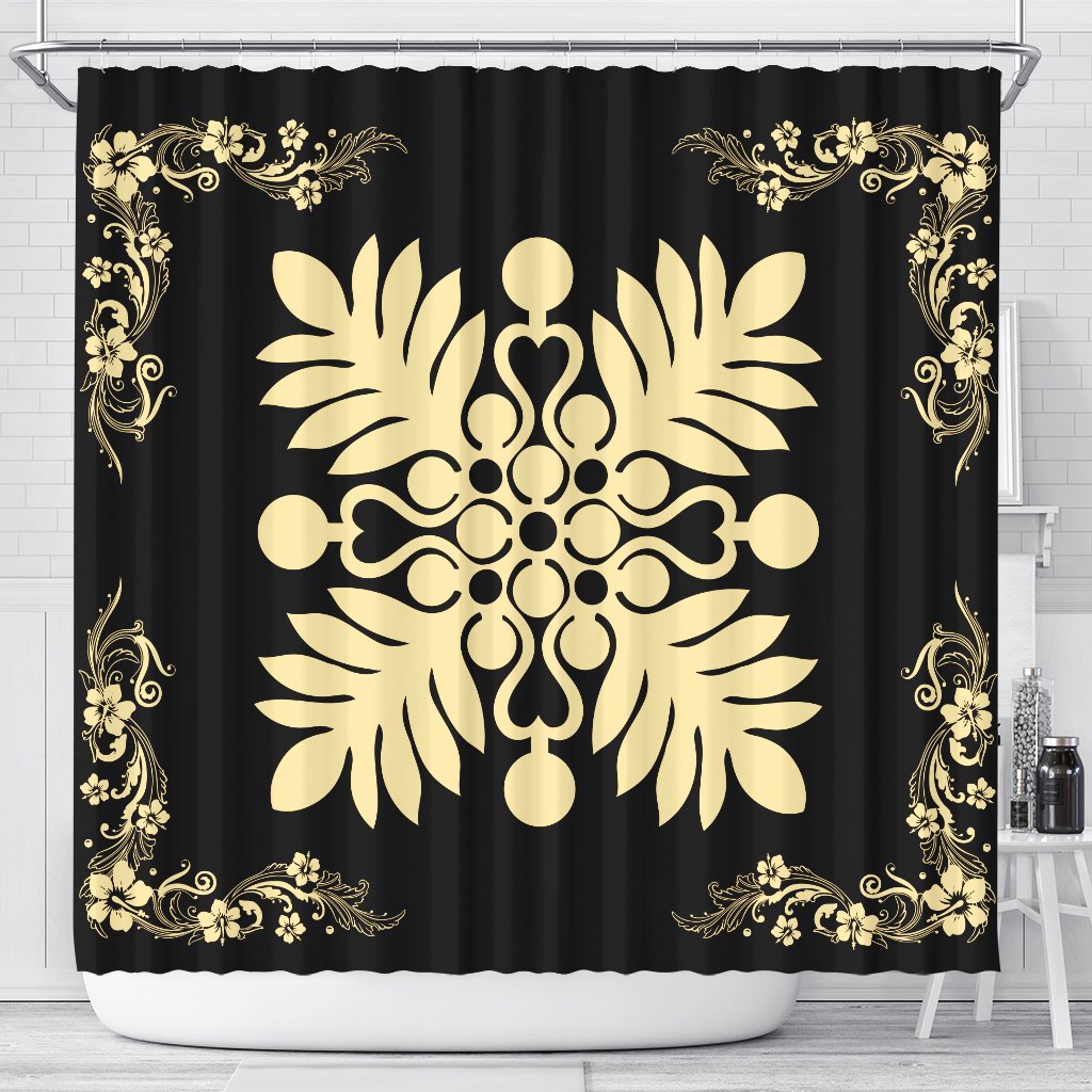 Hawaiian Quilt Maui Plant And Hibiscus Shower Curtain - Beige Black - AH 177 x 172 (cm) Beige - Polynesian Pride