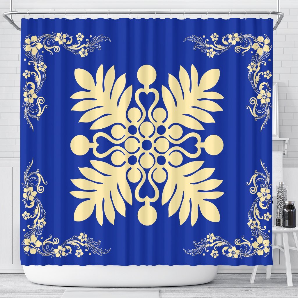 Hawaiian Quilt Maui Plant And Hibiscus Shower Curtain - Beige Blue - AH 177 x 172 (cm) Beige - Polynesian Pride