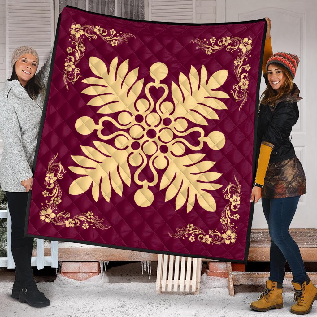 Hawaiian Quilt Maui Plant And Hibiscus Premium Quilt - Beige Burgundy - AH - Polynesian Pride