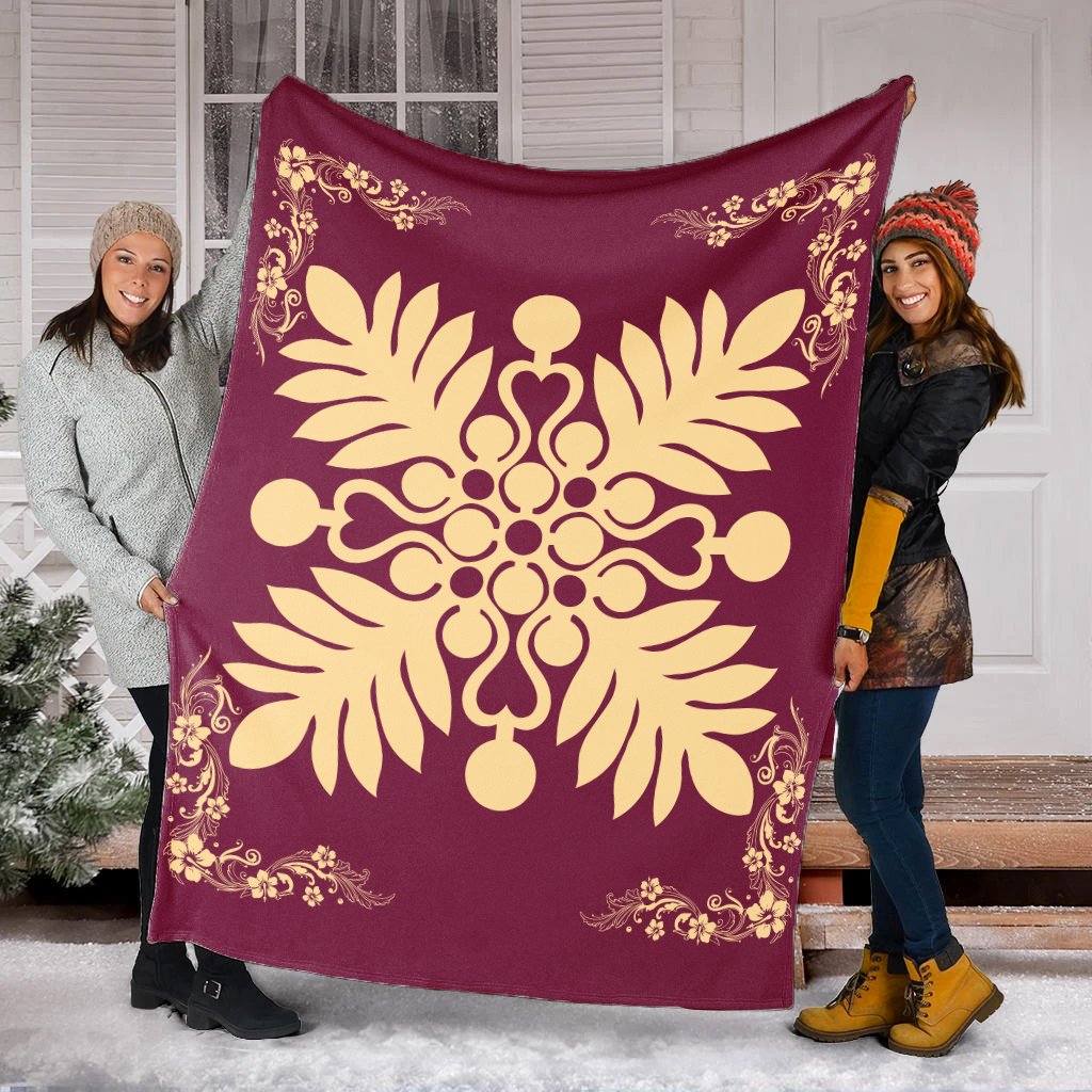 Hawaiian Quilt Maui Plant And Hibiscus Premium Blanket - Beige Burgundy - AH - Polynesian Pride