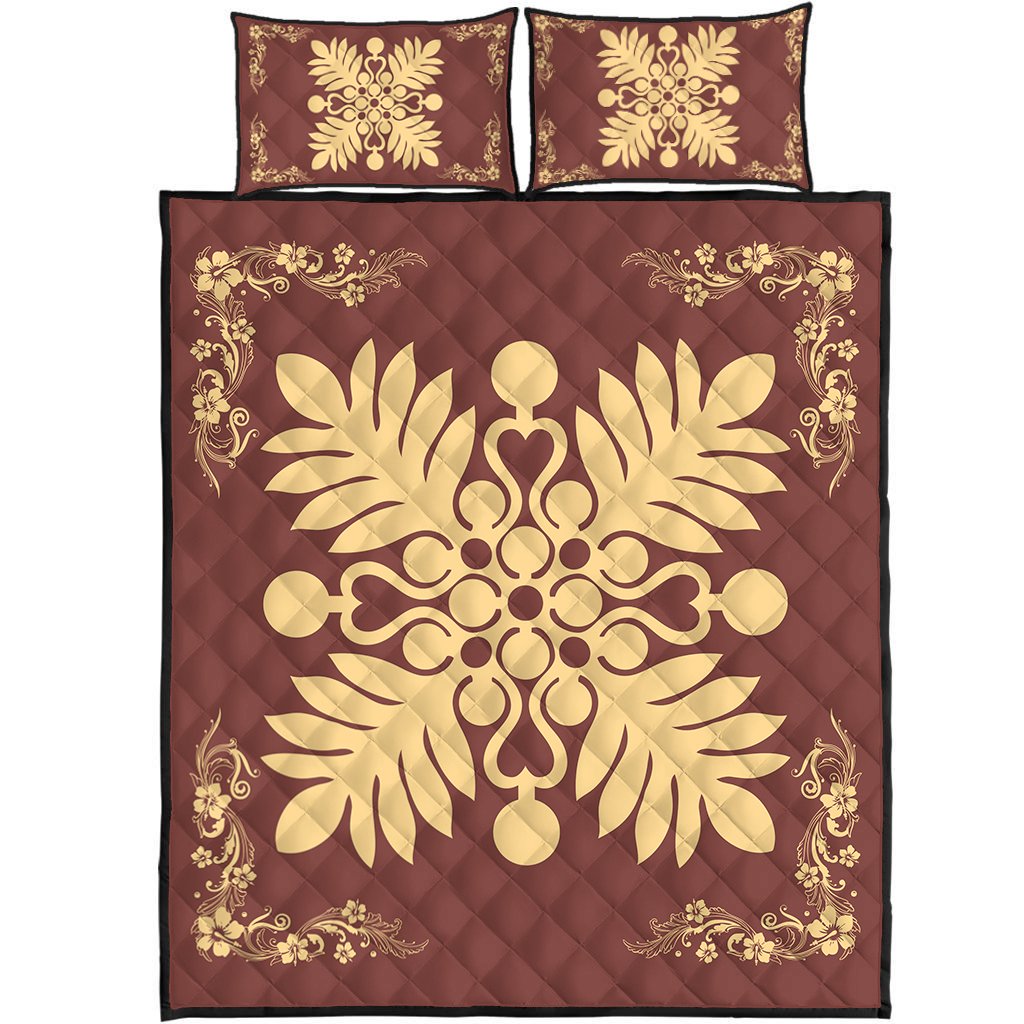 Hawaiian Quilt Maui Plant And Hibiscus Pattern Quilt Bed Set - Beige Coral - AH Beige - Polynesian Pride