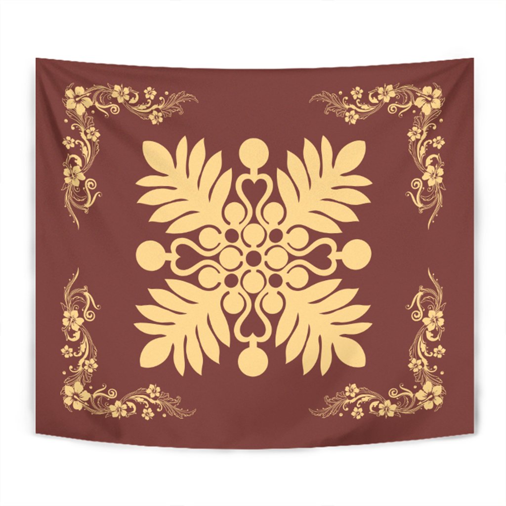 Hawaiian Quilt Maui Plant And Hibiscus Tappestry - Beige Coral - AH Wall Tapestry Beige - Polynesian Pride