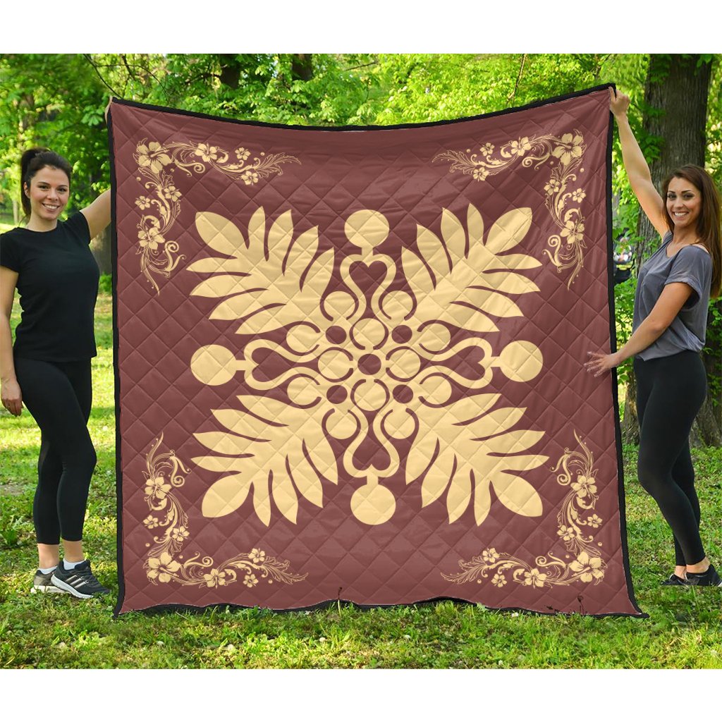 Hawaiian Quilt Maui Plant And Hibiscus Premium Quilt - Beige Coral - AH Beige - Polynesian Pride