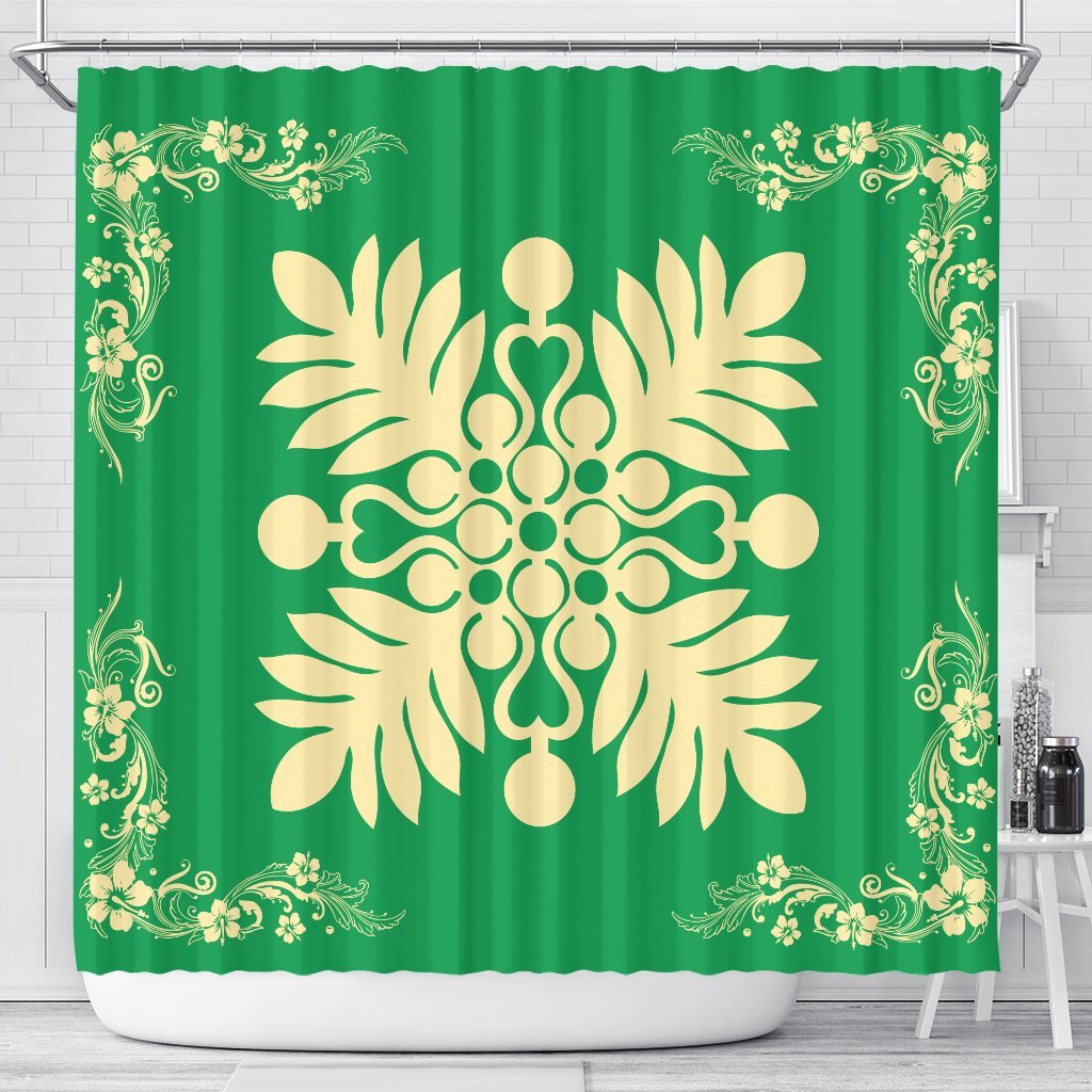 Hawaiian Quilt Maui Plant And Hibiscus Shower Curtain - Beige Green - AH 177 x 172 (cm) Beige - Polynesian Pride