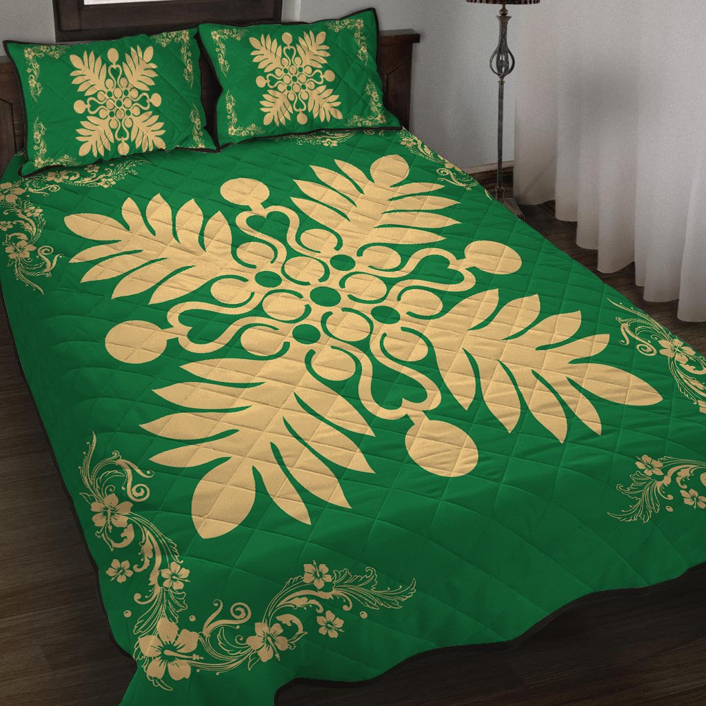Hawaiian Quilt Maui Plant And Hibiscus Pattern Quilt Bed Set - Beige Green - AH - Polynesian Pride