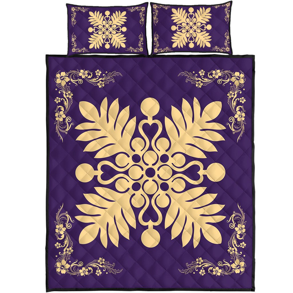 Hawaiian Quilt Maui Plant And Hibiscus Pattern Quilt Bed Set - Beige Purple - AH Beige - Polynesian Pride