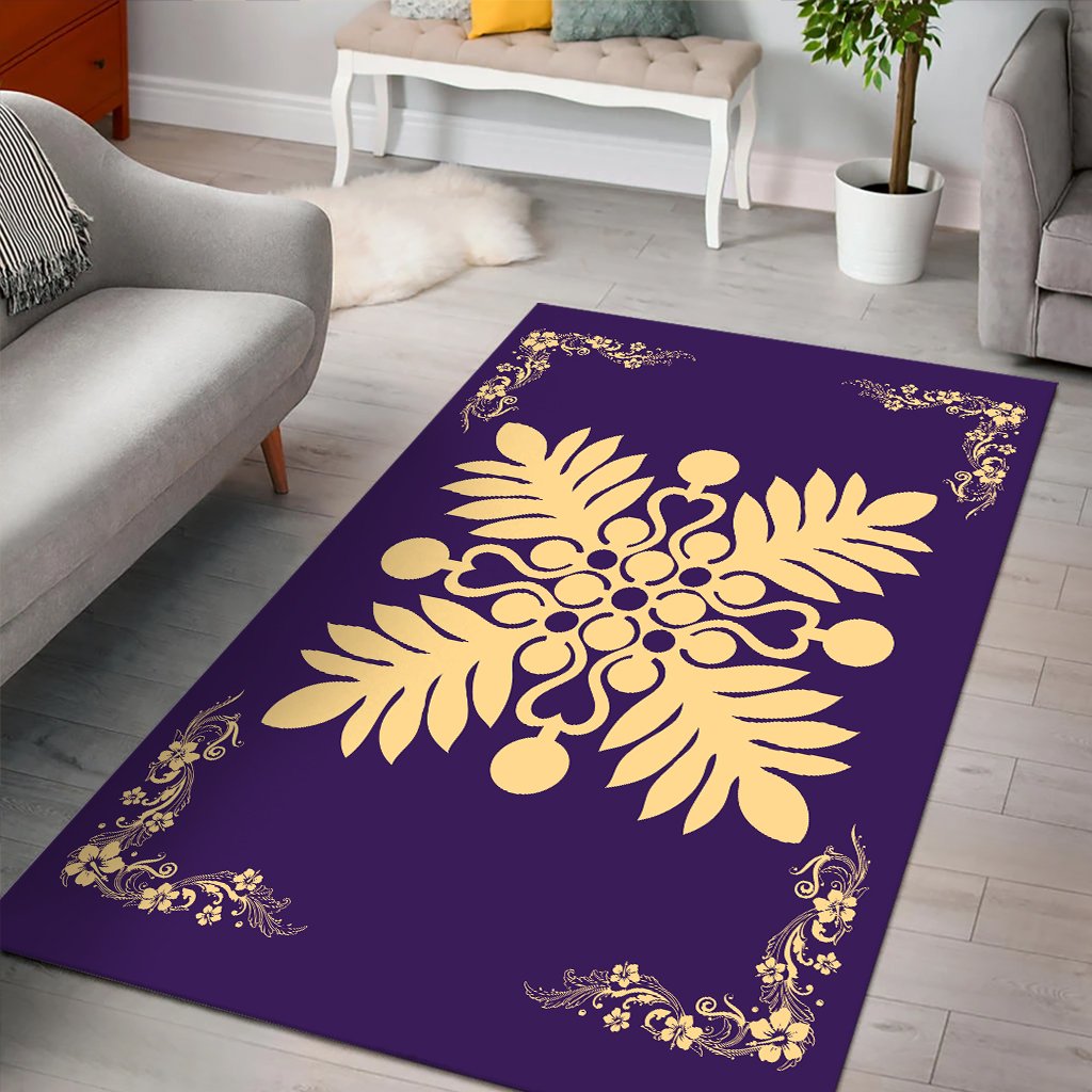 Hawaiian Quilt Maui Plant And Hibiscus Pattern Area Rug - Beige Purple - AH - Polynesian Pride