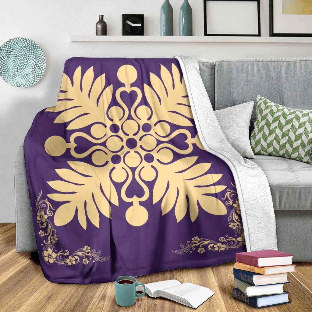 Hawaiian Quilt Maui Plant And Hibiscus Premium Blanket - Beige Purple - AH - Polynesian Pride