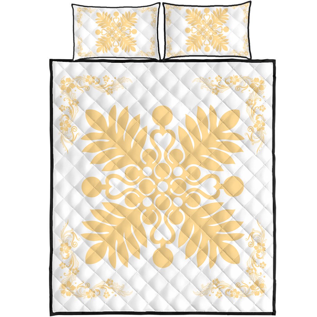 Hawaiian Quilt Maui Plant And Hibiscus Pattern Quilt Bed Set - Beige White - AH Beige - Polynesian Pride