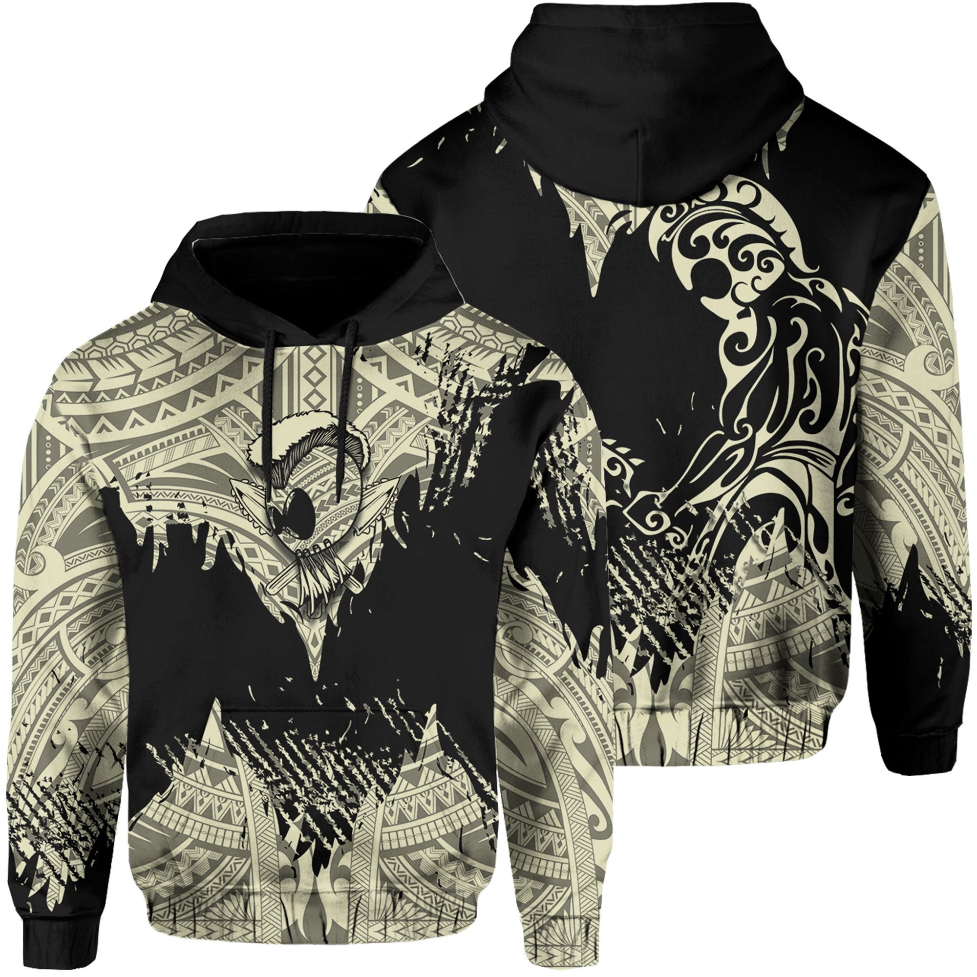 Hawaii Polynesian Hoodie Warrior Ikaika Benjamin Style Beige Unisex Black - Polynesian Pride