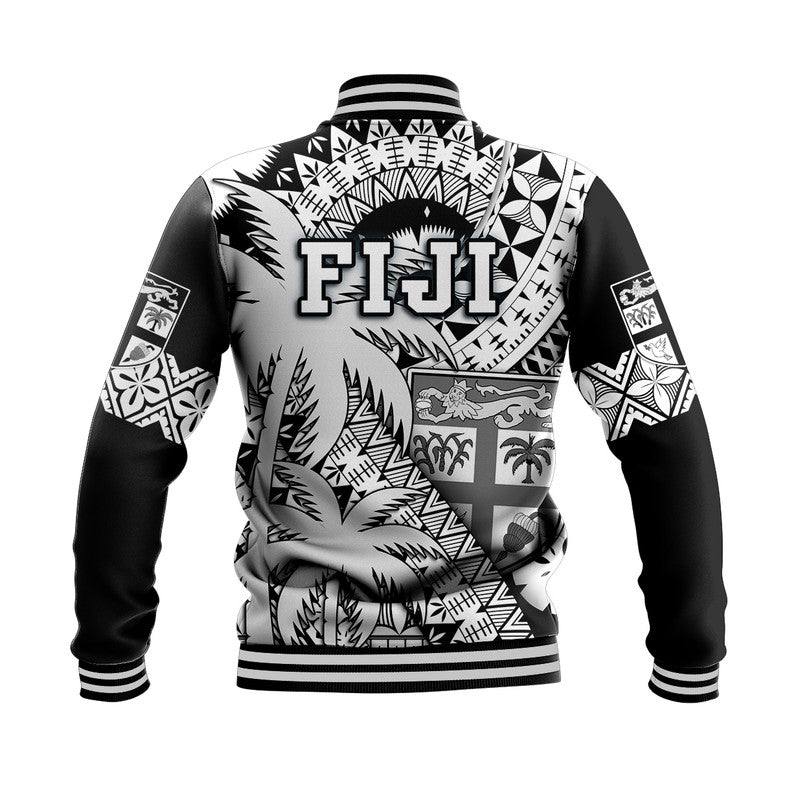 Fiji Coat Of Arms Baseball Jacket Masi Tapa Mixed Palm Tree No1 Black Version LT9 - Polynesian Pride