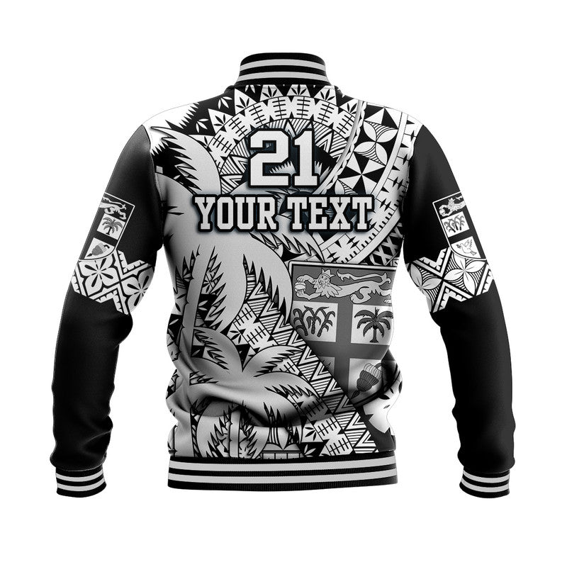 (Custom Personalised) Fiji Coat Of Arms Baseball Jacket Masi Tapa Mixed Palm Tree No1 Black Version LT9 - Polynesian Pride