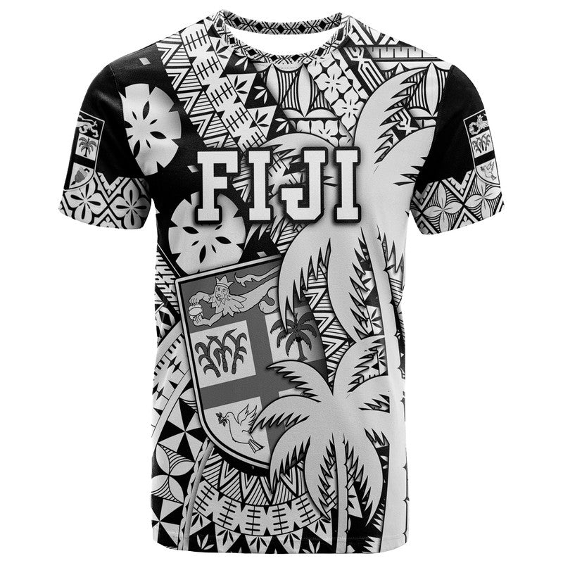 Fiji Coat of Arms T Shirt Masi Tapa Mixed Palm Tree No1 Black Version LT9 Black - Polynesian Pride