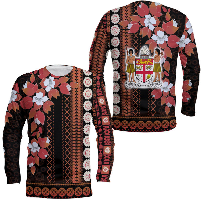 Fiji Long Sleeve Shirt Tagimoucia Mixed Black Tapa Style LT9 Unisex Black - Polynesian Pride