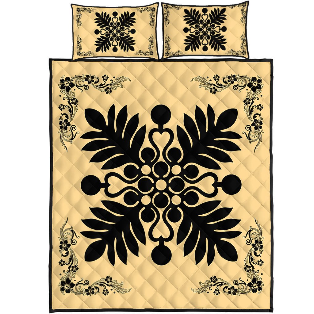 Hawaiian Quilt Maui Plant And Hibiscus Pattern Quilt Bed Set - Black Begie - AH Black - Polynesian Pride